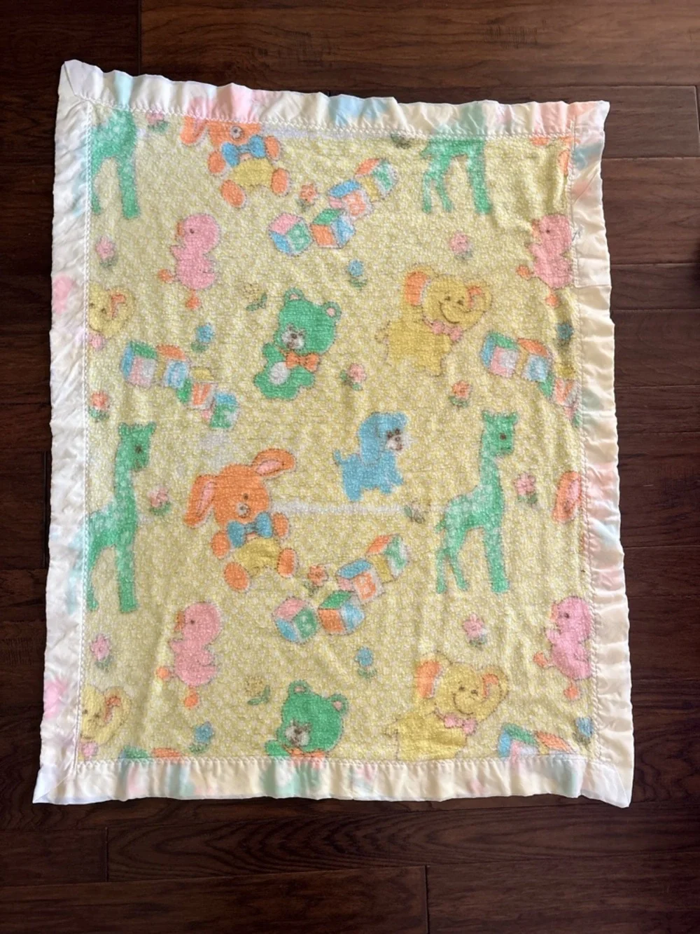 Vintage Pastel Animal Baby Blanket with Satin trim made in USA baby Gordon style